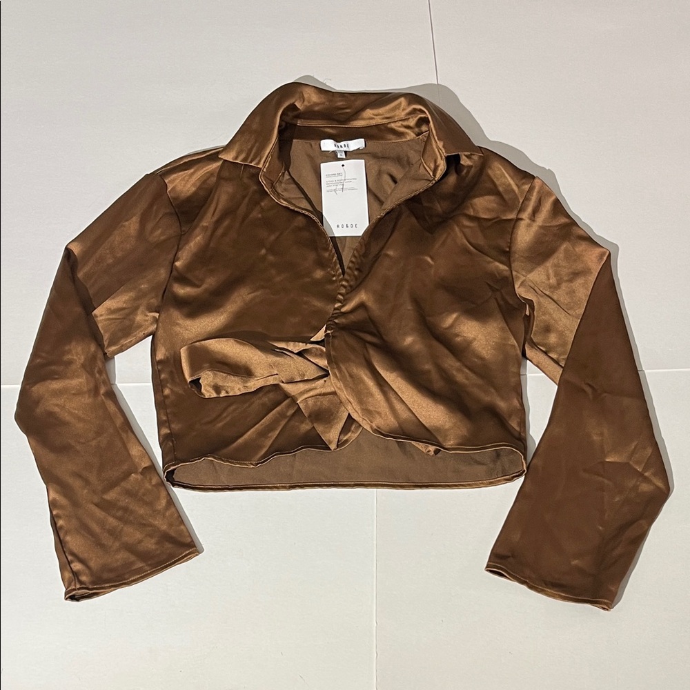 Ro & De Bronze Cropped Silky Blouse Tie Front Capsule Collection sz Medium NEW